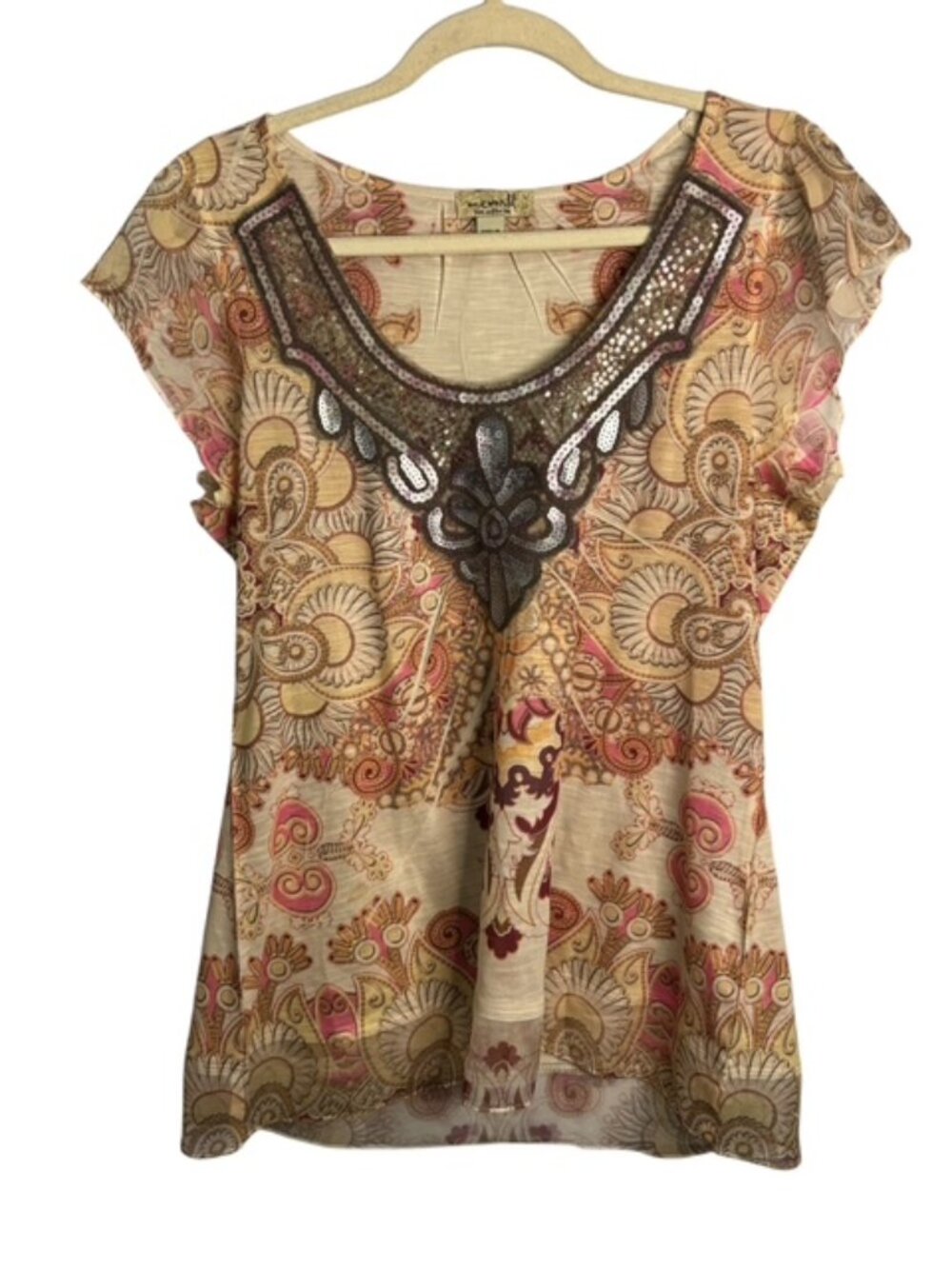 One World Blouse Women's Large Lightweight Sheer Embroidered Paisley Pink